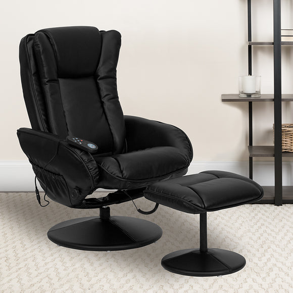 Massaging Multi-Position Plush Recliner with Side Pocket and Ottoman in Black LeatherSoft BT-7672-MASSAGE-BK-GG