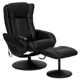 Massaging Multi-Position Plush Recliner with Side Pocket and Ottoman in Black LeatherSoft 
