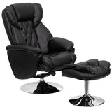 Transitional Multi-Position Recliner and Ottoman with Chrome Base in Black LeatherSoft