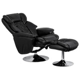 Transitional Multi-Position Recliner and Ottoman with Chrome Base in Black LeatherSoft