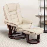 Contemporary Multi-Position Recliner with Horizontal Stitching and Ottoman with Swivel Mahogany Wood Base in Beige LeatherSoft by Office Chairs PLUS