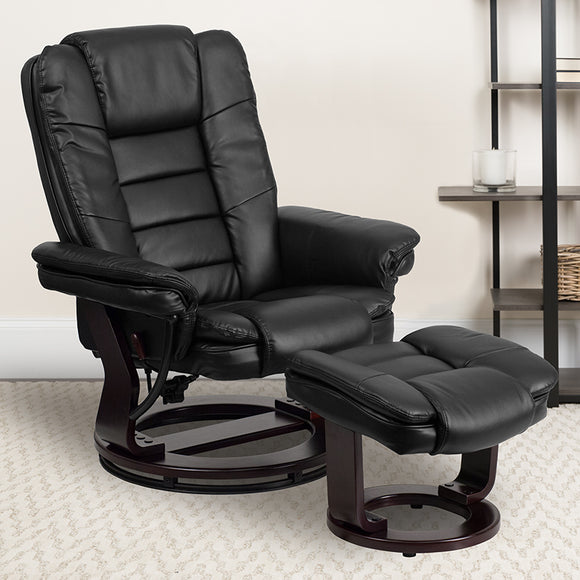 Contemporary Multi-Position Recliner with Horizontal Stitching and Ottoman with Swivel Mahogany Wood Base in Black LeatherSoft by Office Chairs PLUS