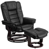 Contemporary Multi-Position Recliner with Horizontal Stitching and Ottoman with Swivel Mahogany Wood Base in Black LeatherSoft