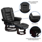 Contemporary Multi-Position Recliner with Horizontal Stitching and Ottoman with Swivel Mahogany Wood Base in Black LeatherSoft