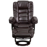 Contemporary Multi-Position Recliner with Horizontal Stitching and Ottoman with Swivel Mahogany Wood Base in Brown LeatherSoft 