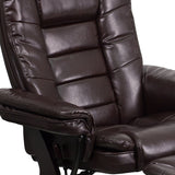 Contemporary Multi-Position Recliner with Horizontal Stitching and Ottoman with Swivel Mahogany Wood Base in Brown LeatherSoft 