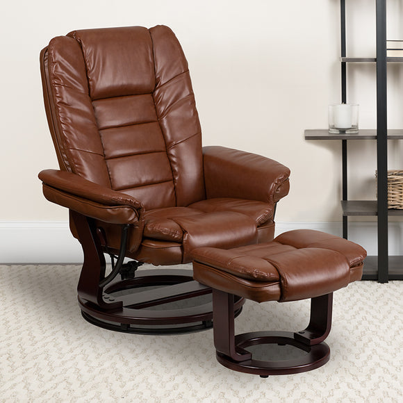 Contemporary Multi-Position Recliner with Horizontal Stitching and Ottoman with Swivel Mahogany Wood Base in Brown Vintage Leather by Office Chairs PLUS