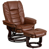 Contemporary Multi-Position Recliner with Horizontal Stitching and Ottoman with Swivel Mahogany Wood Base in Brown Vintage Leather