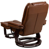 Contemporary Multi-Position Recliner with Horizontal Stitching and Ottoman with Swivel Mahogany Wood Base in Brown Vintage Leather