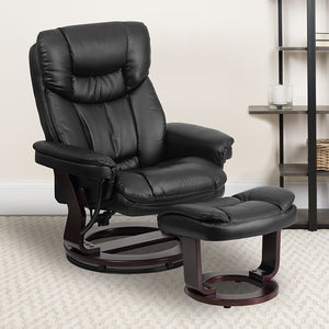 Contemporary Multi-Position Recliner and Curved Ottoman with Swivel Mahogany Wood Base in Black LeatherSoft by Office Chairs PLUS