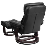 Contemporary Multi-Position Recliner and Curved Ottoman with Swivel Mahogany Wood Base in Black LeatherSoft