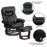 Contemporary Multi-Position Recliner and Curved Ottoman with Swivel Mahogany Wood Base in Black LeatherSoft