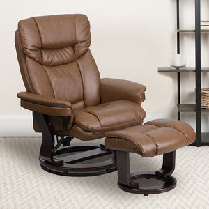 Contemporary Multi-Position Recliner and Curved Ottoman with Swivel Mahogany Wood Base in Palimino LeatherSoft by Office Chairs PLUS