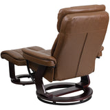 Contemporary Multi-Position Recliner and Curved Ottoman with Swivel Mahogany Wood Base in Palimino LeatherSoft