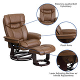 Contemporary Multi-Position Recliner and Curved Ottoman with Swivel Mahogany Wood Base in Palimino LeatherSoft