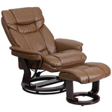 Contemporary Multi-Position Recliner and Curved Ottoman with Swivel Mahogany Wood Base in Palimino LeatherSoft