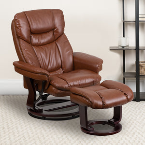 Contemporary Multi-Position Recliner and Curved Ottoman with Swivel Mahogany Wood Base in Brown Vintage LeatherSoft BT-7821-VIN-GG