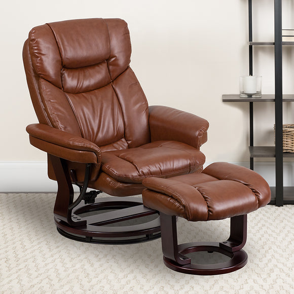 Contemporary Multi-Position Recliner and Curved Ottoman with Swivel Mahogany Wood Base in Brown Vintage LeatherSoft BT-7821-VIN-GG
