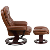 Contemporary Multi-Position Recliner and Curved Ottoman with Swivel Mahogany Wood Base in Brown Vintage LeatherSoft 