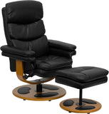 Contemporary Multi-Position Recliner and Ottoman with Wood Base in Black LeatherSoft by Office Chairs PLUS