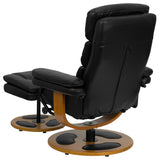 Contemporary Multi-Position Recliner and Ottoman with Wood Base in Black LeatherSoft