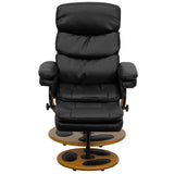 Contemporary Multi-Position Recliner and Ottoman with Wood Base in Black LeatherSoft