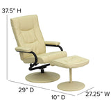 Contemporary Multi-Position Recliner and Ottoman with Wrapped Base in Cream LeatherSoft