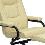 Contemporary Multi-Position Recliner and Ottoman with Wrapped Base in Cream LeatherSoft