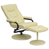 Contemporary Multi-Position Recliner and Ottoman with Wrapped Base in Cream LeatherSoft
