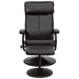 Contemporary Multi-Position Headrest Recliner and Ottoman with Wrapped Base in Brown LeatherSoft