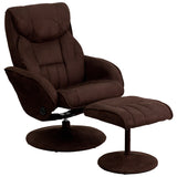 Contemporary Multi-Position Recliner and Ottoman with Circular Wrapped Base in Brown Microfiber