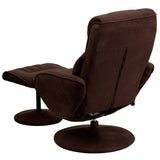 Contemporary Multi-Position Recliner and Ottoman with Circular Wrapped Base in Brown Microfiber