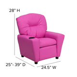 Contemporary Hot Pink Vinyl Kids Recliner with Cup Holder