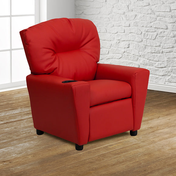 Contemporary Red Vinyl Kids Recliner with Cup Holder by Office Chairs PLUS
