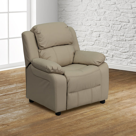 Deluxe Padded Contemporary Beige Vinyl Kids Recliner with Storage Arms by Office Chairs PLUS