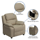 Deluxe Padded Contemporary Beige Vinyl Kids Recliner with Storage Arms
