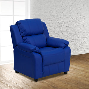 Deluxe Padded Contemporary Blue Vinyl Kids Recliner with Storage Arms by Office Chairs PLUS