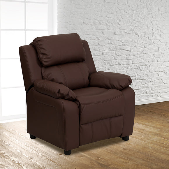 Deluxe Padded Contemporary Brown LeatherSoft Kids Recliner with Storage Arms by Office Chairs PLUS