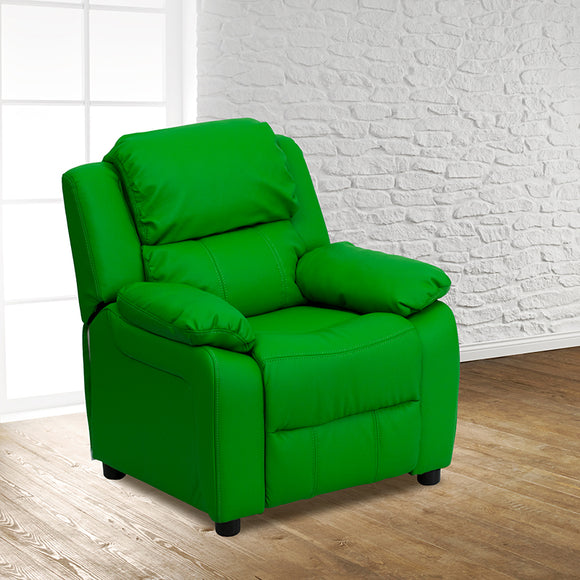 Deluxe Padded Contemporary Green Vinyl Kids Recliner with Storage Arms by Office Chairs PLUS
