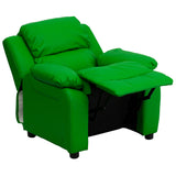 Deluxe Padded Contemporary Green Vinyl Kids Recliner with Storage Arms
