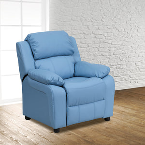 Deluxe Padded Contemporary Light Blue Vinyl Kids Recliner with Storage Arms by Office Chairs PLUS