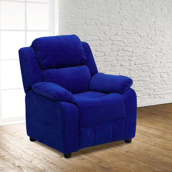 Deluxe Padded Contemporary Blue Microfiber Kids Recliner with Storage Arms by Office Chairs PLUS