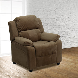 Deluxe Padded Contemporary Brown Microfiber Kids Recliner with Storage Arms by Office Chairs PLUS