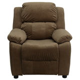Deluxe Padded Contemporary Brown Microfiber Kids Recliner with Storage Arms