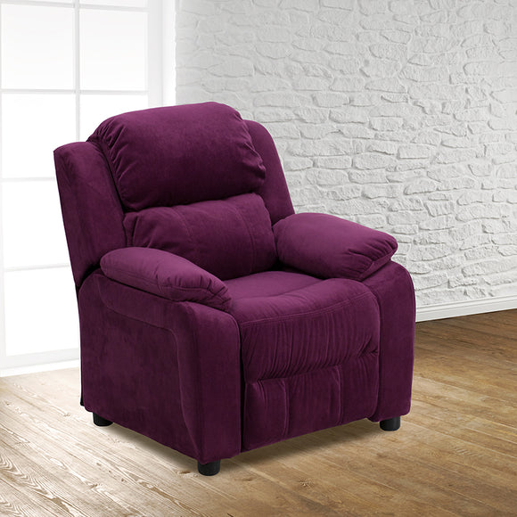 Deluxe Padded Contemporary Purple Microfiber Kids Recliner with Storage Arms by Office Chairs PLUS