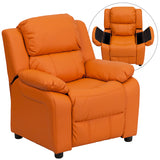 Deluxe Padded Contemporary Orange Vinyl Kids Recliner with Storage Arms