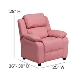 Deluxe Padded Contemporary Pink Vinyl Kids Recliner with Storage Arms