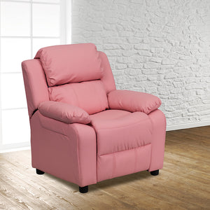 Deluxe Padded Contemporary Pink Vinyl Kids Recliner with Storage Arms by Office Chairs PLUS