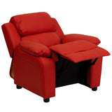 Deluxe Padded Contemporary Red Vinyl Kids Recliner with Storage Arms