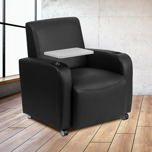 Black LeatherSoft Guest Chair with Tablet Arm, Front Wheel Casters and Cup Holder by Office Chairs PLUS